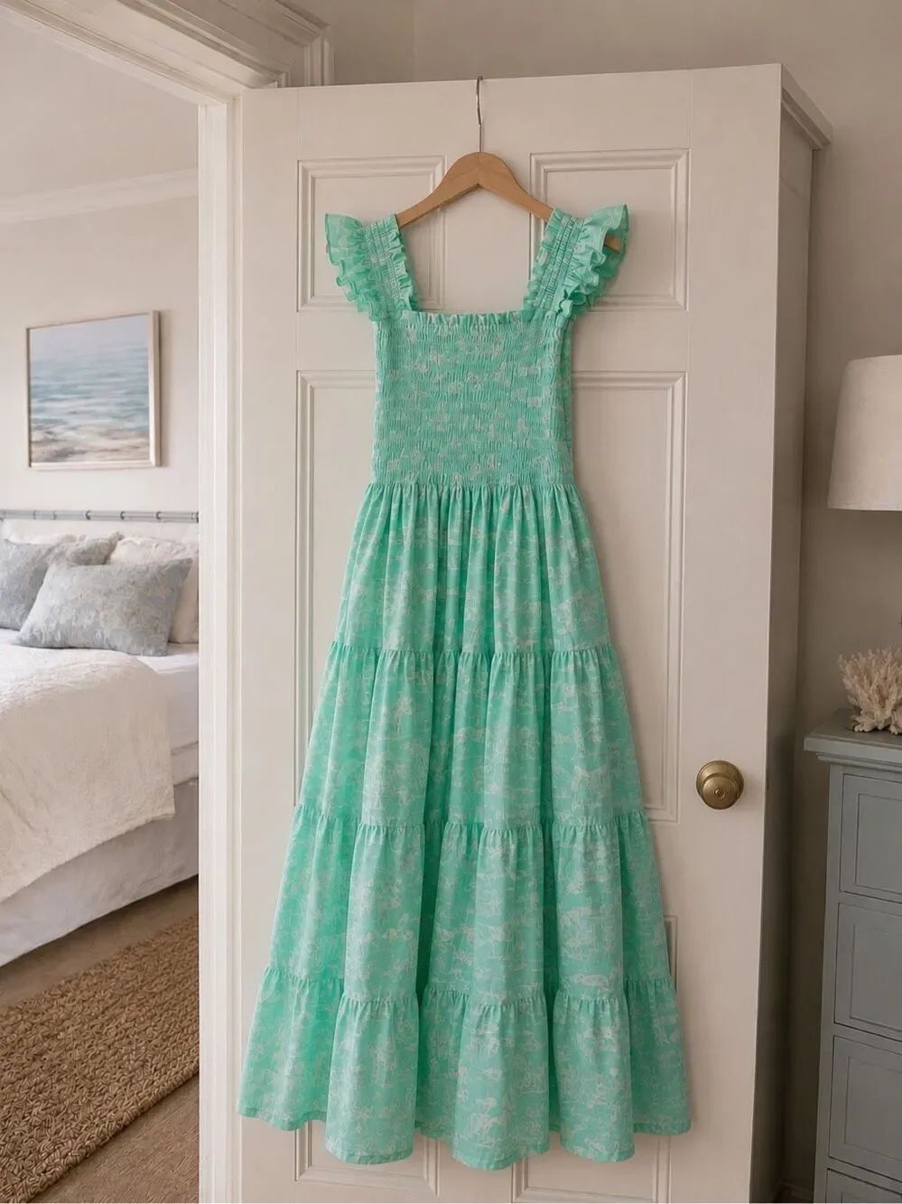 Darlington Isle Mint Green Smocked Tiered Nap Dress | Ruffle Strap Cotton equest